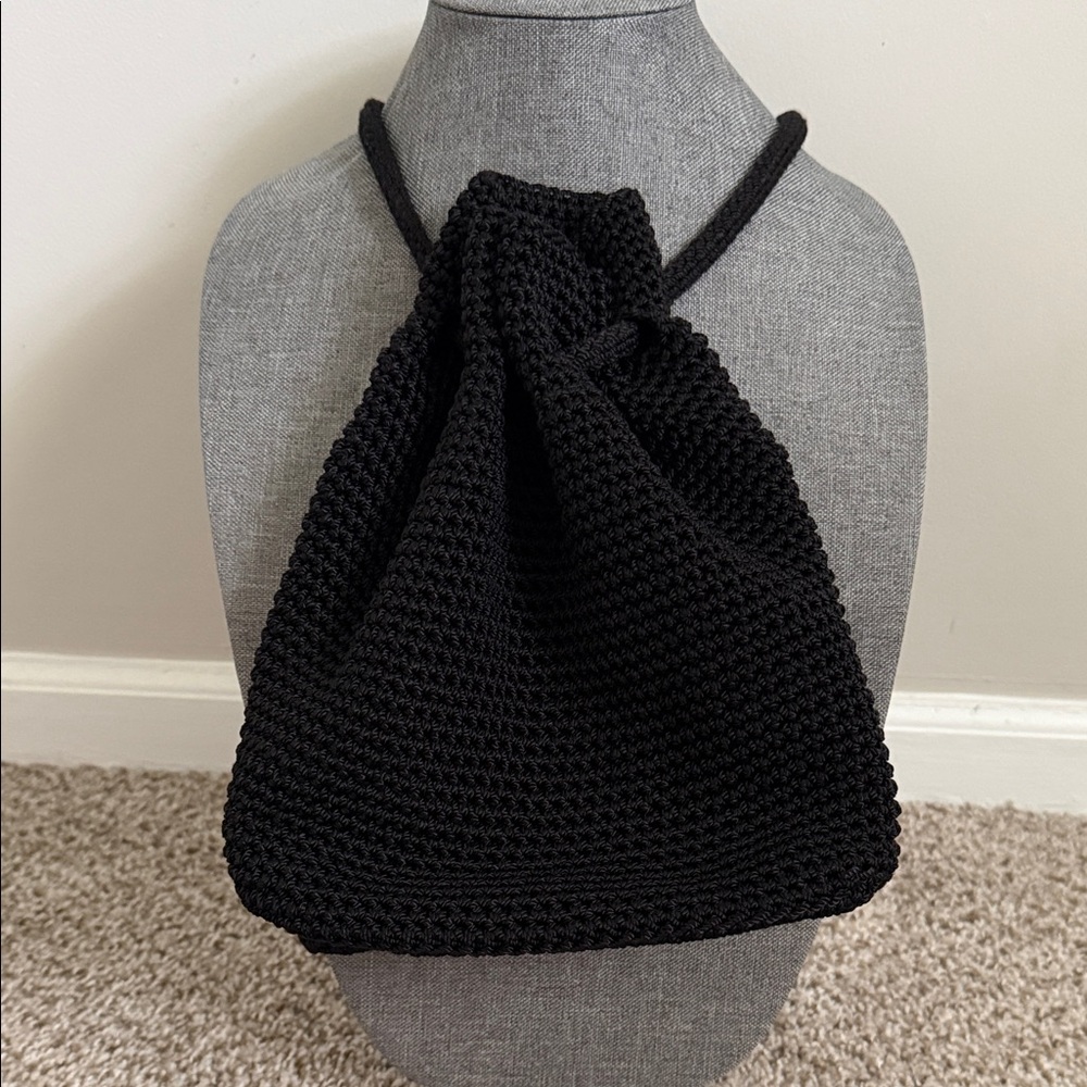 Handcrafted Black Knit Drawstring Shoulder Bag